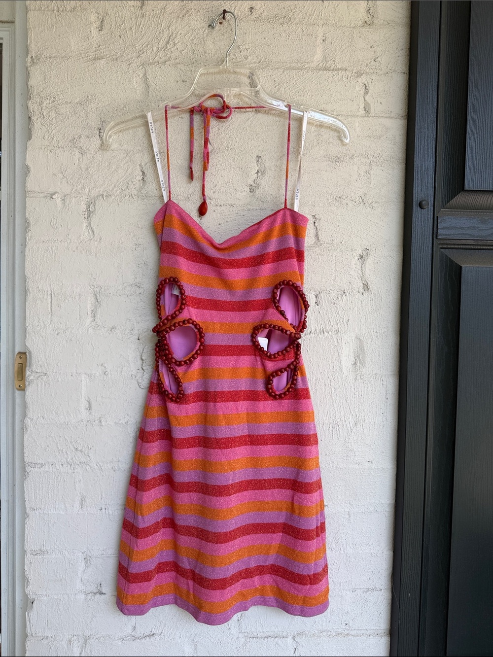 NWT Anthropologie AZULU Rozita Cutout Halter Mini Dress Raspberry Stripe Medium - Picture 5 of 14